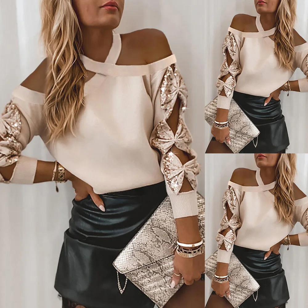 

Spring Women Hoodies Fashion Sequin Tops Elegant Hollow Out Bow Long Sleeve Blouse Shirt Office Lady Casual Pullover