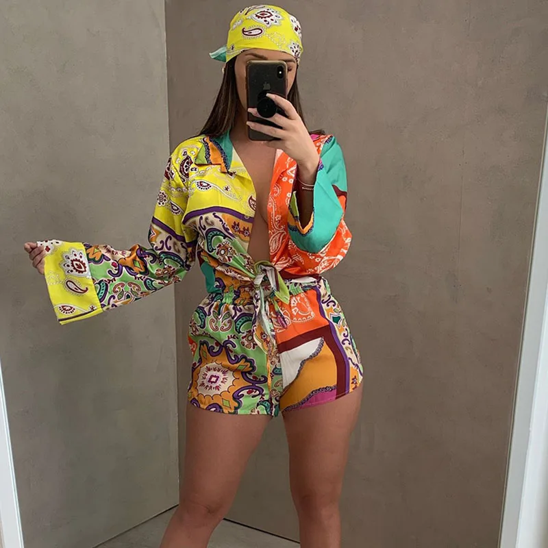 

Printed 2 Piece Set Women Matching Sets Long Sleeve Blouse Shirts Top + Shorts Sets Streetwear Party Club Outfits Ensemble Femme