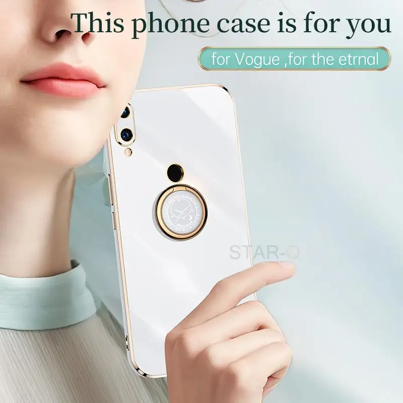 Plating Square Ring Holder Phone Case On For Xiaomi Redmi Note 7 Pro Xiomi Note7 7pro Luxury Bumper Soft Silicone Stand Cover images - 6