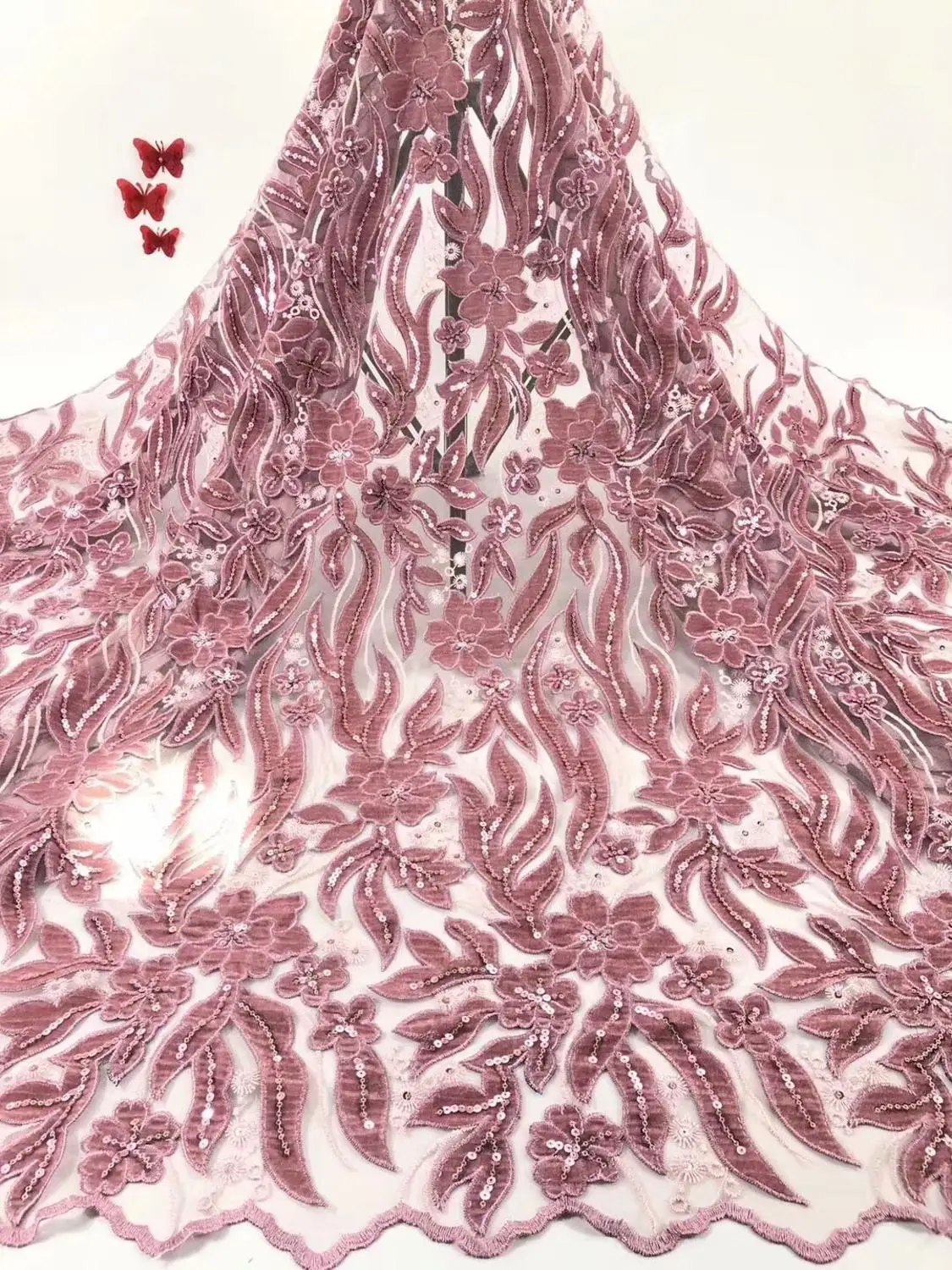 Розовая бархатная кружевная ткань для платьев новейшее нигерийское французское