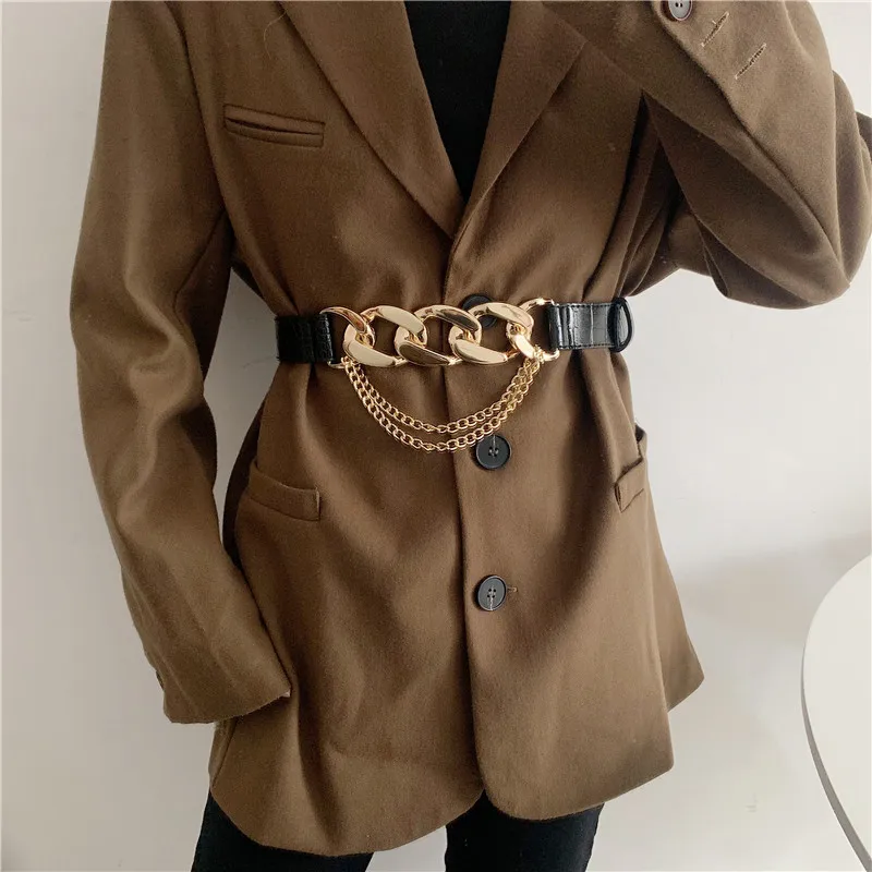 Модный эластичный широкий женский пояс золотистый серебристый толстый на