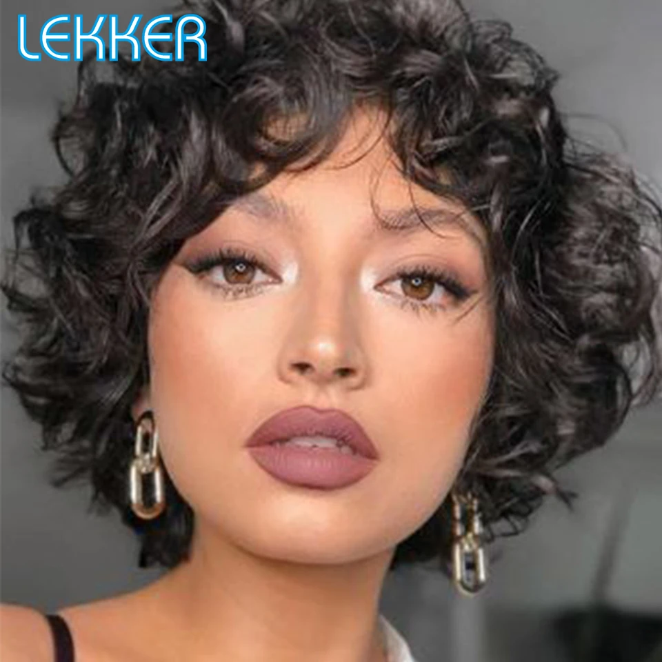 

Lekker Natural Short Curly Bob Парики из человеческих волос с челкой для женщин Бразильские темные волосы Реми Машинное изготовление бесклеевых пушисты...
