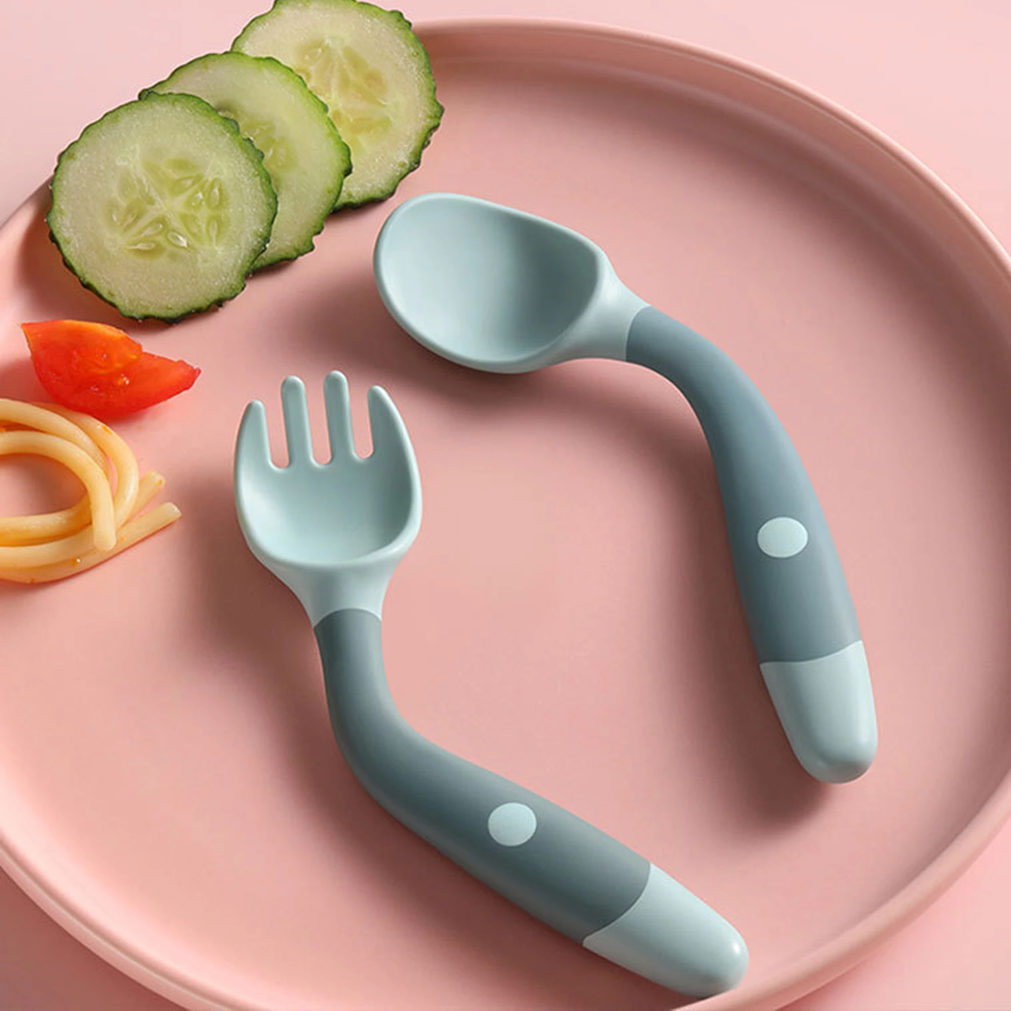 Juego de utensilios de silicona para bebés, cuchara auxiliar para aprender a comer, tenedor suave y flexible, vajilla para niños pequeños