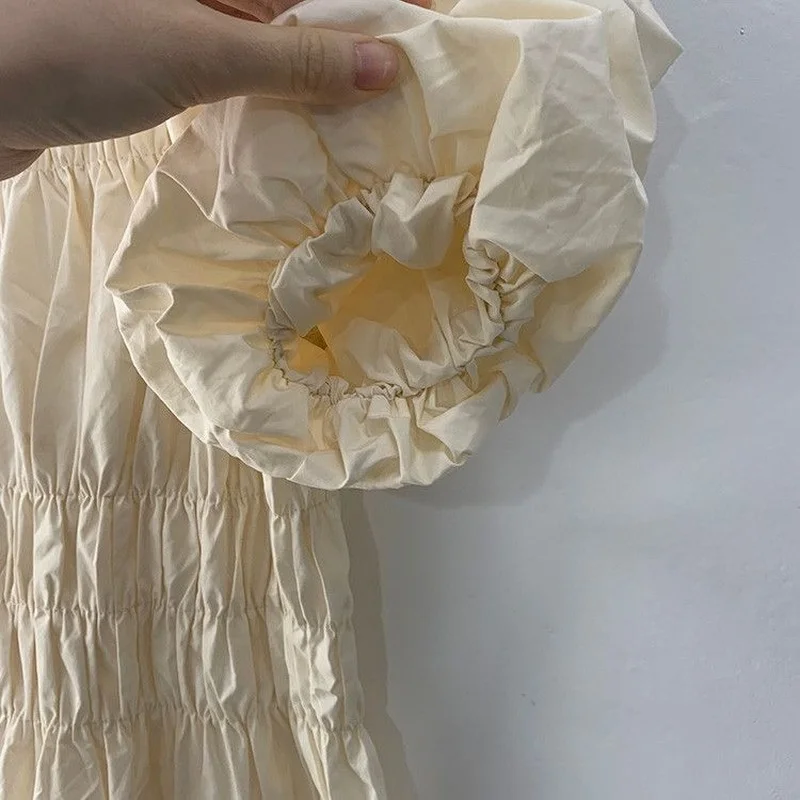 

2021 New Chic Summer Dress Women Cotton Bubble Sleeve Round Neck Pleated Dress for Women French Mid-length Dresses Vestido 13997