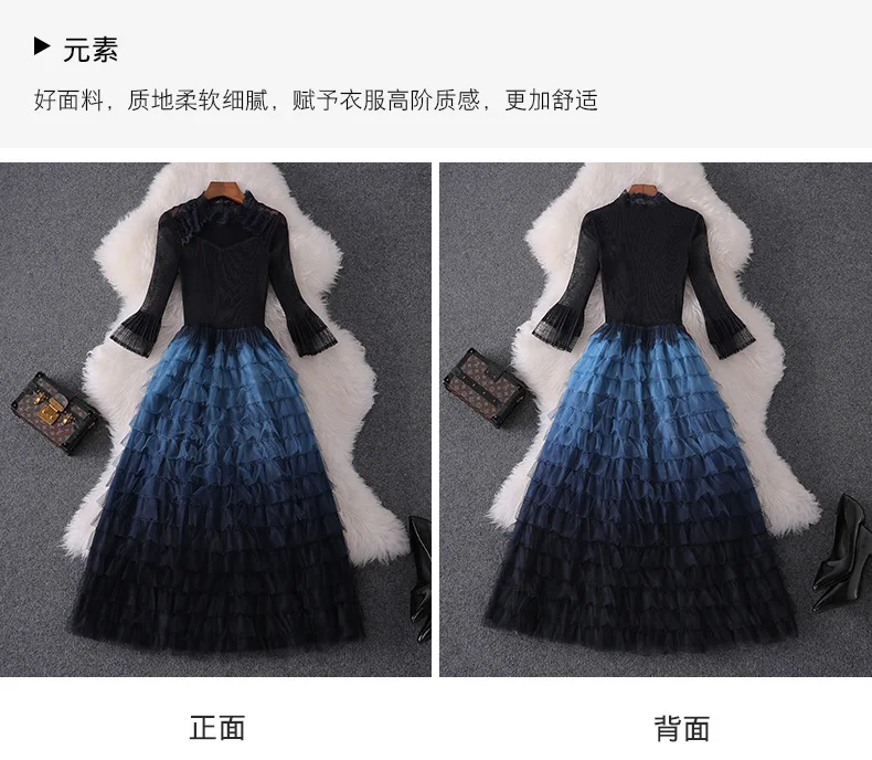 Women fashion autumn winter ruffles dress lace inset falre sleeve fit and flare cute dresses new blue