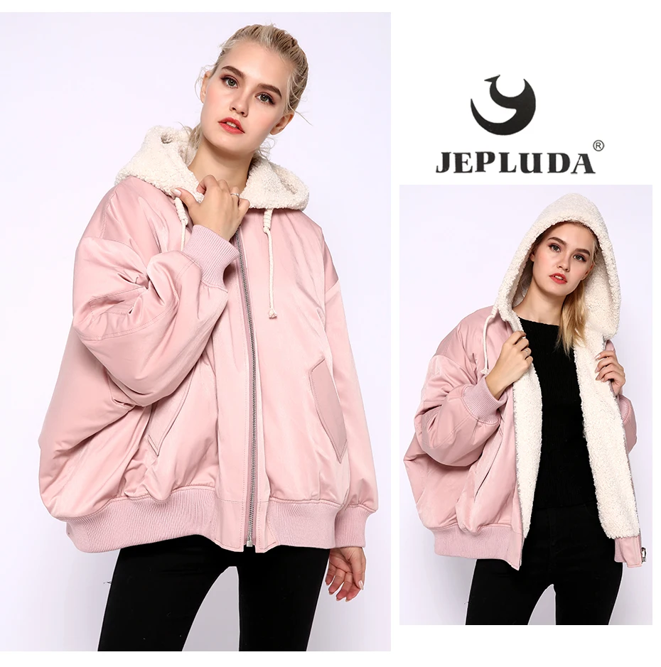 JEPLUDA Plus Size двусторонная куртка зимняя женская с капюшоном шерстяная смесь из натурального овечьего меха шуба натуральный шерстяная смесь большой размер летучая мышь женское пальто с капюшоном теплое свободное