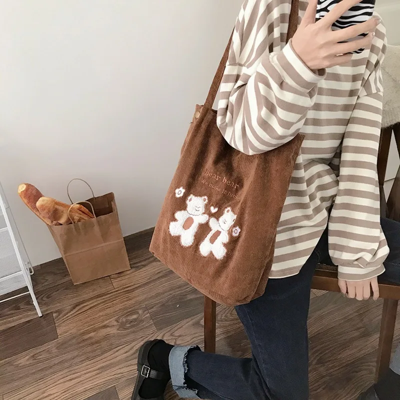 

Women Corduroy Shoulder Bag Lucky Bears Embroidery Striped Canvas Handbag Eco Cloth Tote Cute Soft Shopping Bags For Ladies