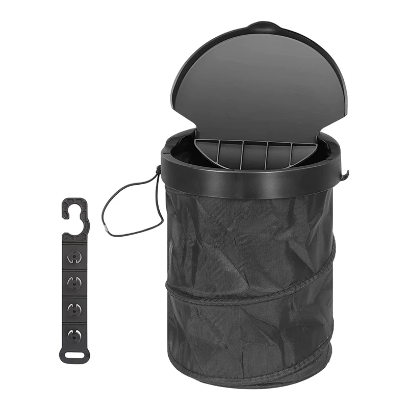 

Car Trash Can with Lid Collapsible Up Car Trash Bin with Hanging Hook Black