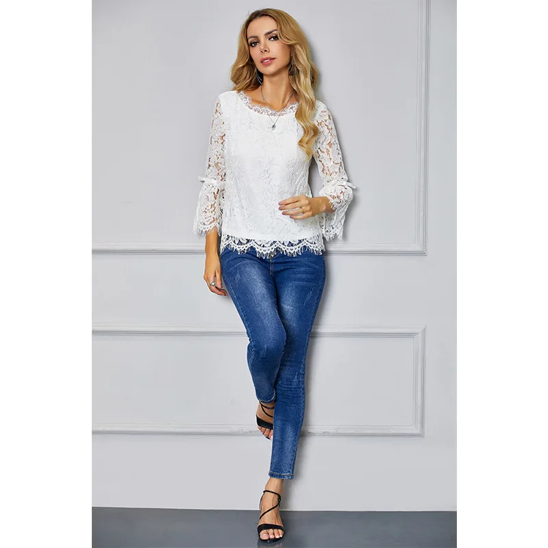 

Women's Sexy Lace Shirts Solid O-Neck Hollow Out Women Blouse Office Lady Flare Sleeves Bottoming Shirt Spring Autumn