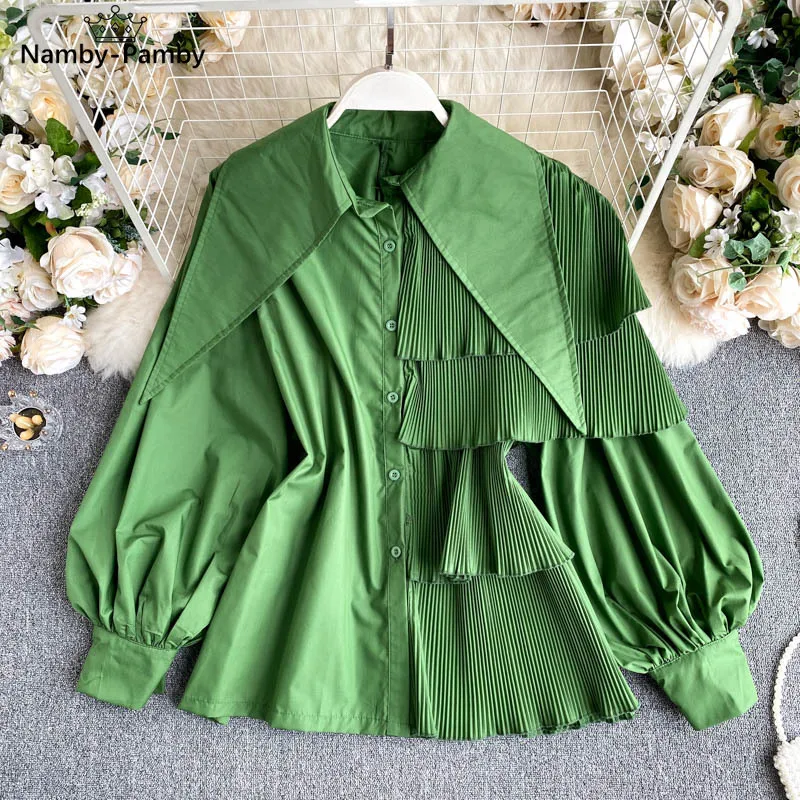 

Women Korean Candy Colors Shirt Fried Street Autumn Shirts Irregular Puff Sleeve Pleated Ruffle Top Women Female Blusa PL461