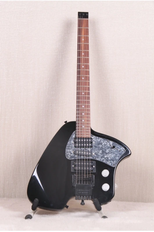 

Rare Black Headless Electric Guitar Vibrato Arm Tremolo Tailpiece, Grey Pearl Pickguard, HSH Pickups, Black Harwdare