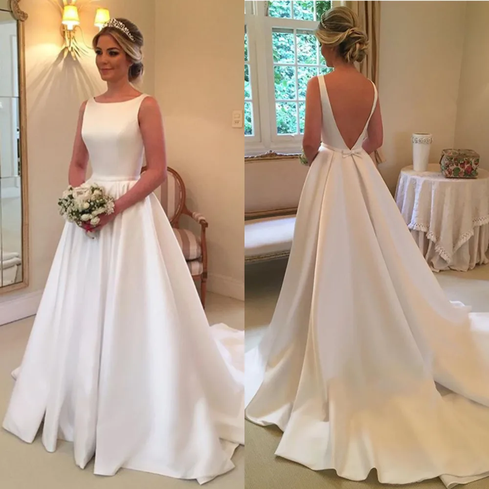 

Elegant A-line Bridal Gown Sleeveless White Ivory Satin Backless Bride Dress To Measure Wedding Dress Sweep Zug