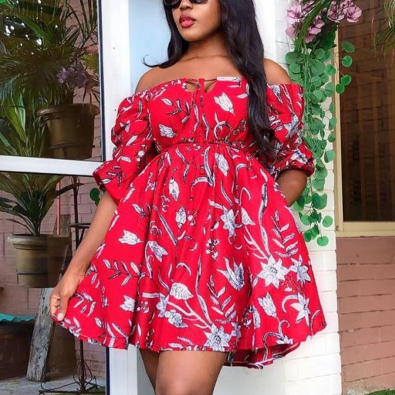 

Women Printed Dress Off Shoulder Vintage High Waist A Line Vintage Female Summer Sexy Date Out Evening African Fashion Robes New