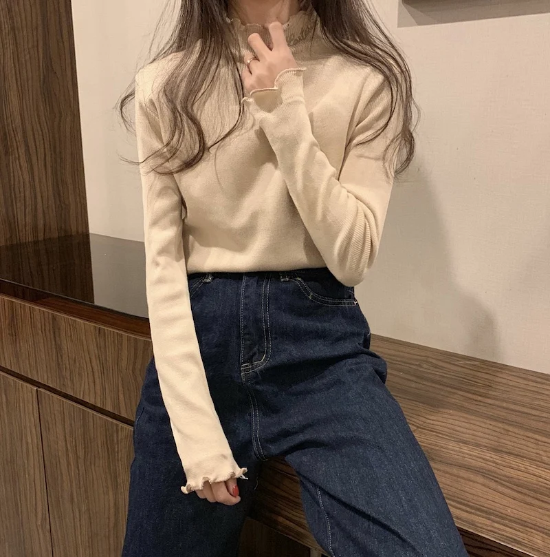 

Lucyever Winter Warm Sweater Velvet Lining Thick Fashion Letter Pullover Knit Jumper Turtleneck Long Sleeve Ruffles Ladies Tops