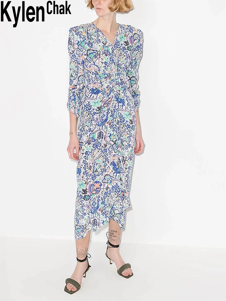 

French Vintage V-Neck Mosaic Floral Print Dress Boho Press Pleats Three-quarter Sleeves Elegant Dresses For Women Spring 2022 IS