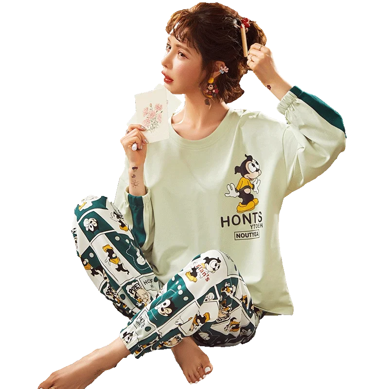 

Women Clothes for Spring Pajamas Sets O-Neck Sleepwear Lovely Cartoon Pijamas Mujer Long Sleeve Full Pure Cotton Pyjamas Female