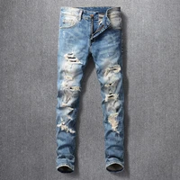 american street fashion men jeans retro blue sim fit elastic destroyed ripped jeans for men painted designer hip hop punk pants