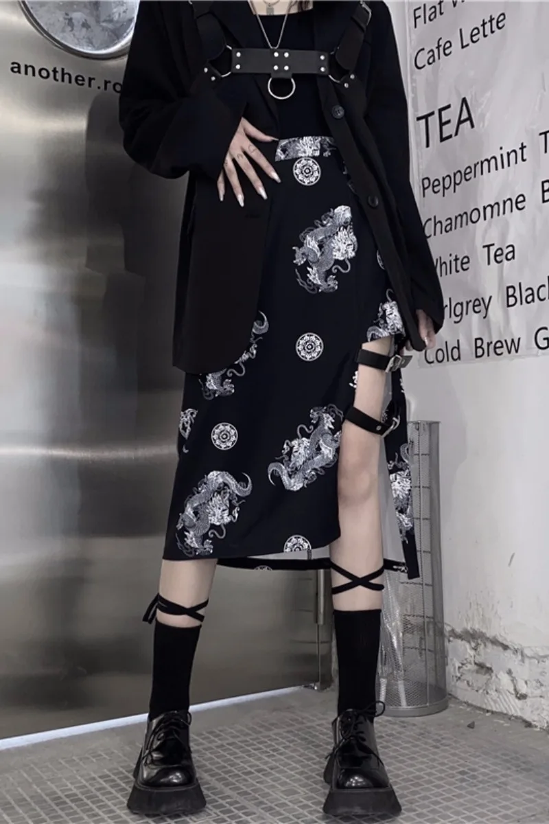 

Irregular split skirt mid length spring 2021 new Haruku style high waist slim black skirt