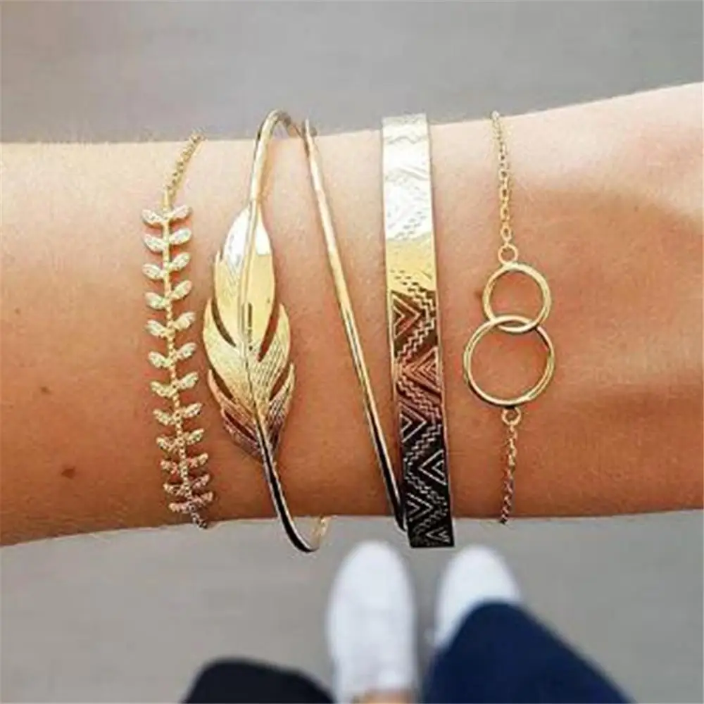 Platform Hot Sale Gold Metal Leaf Bracelet Classic Ring 5 Piece Set Female jade bracelet bangles браслет женский #3N28 |