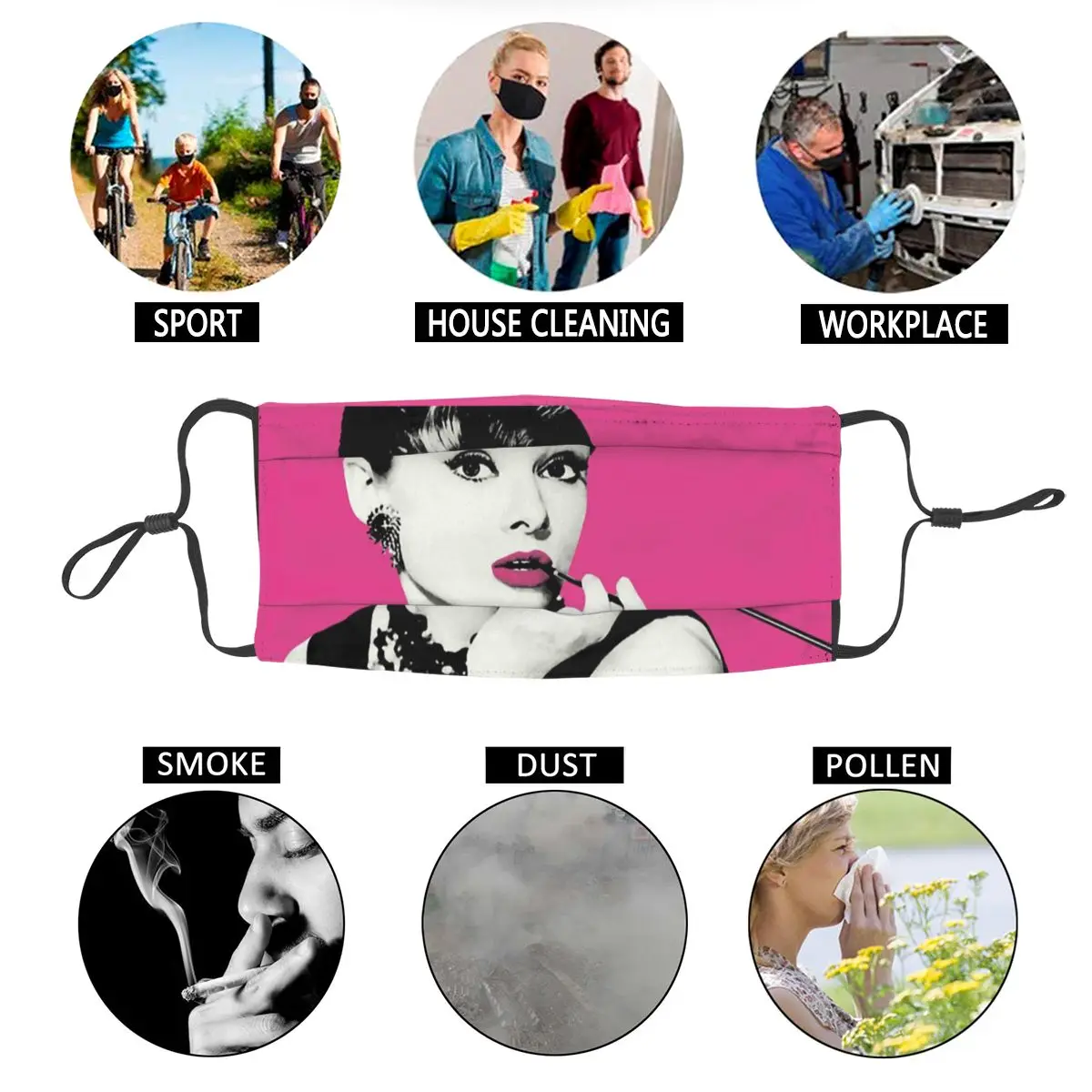 

Audrey Hepburn Purple Adult Reusable Face Mask Actress Retro Art Anti Haze Dustproof Protection Cover Respirator Mouth Muffle