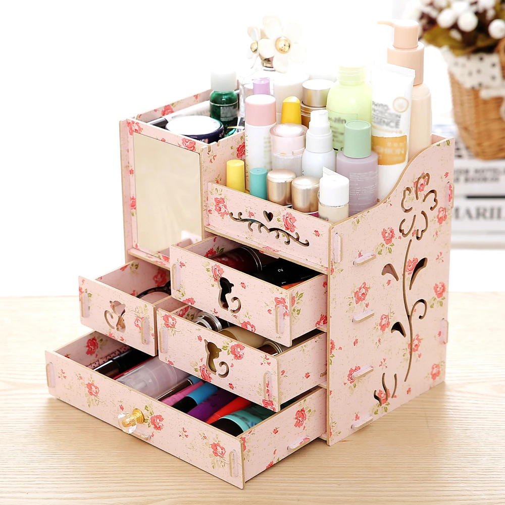 Настольная коробка для косметики в сборе деревянный вместительный Органайзер