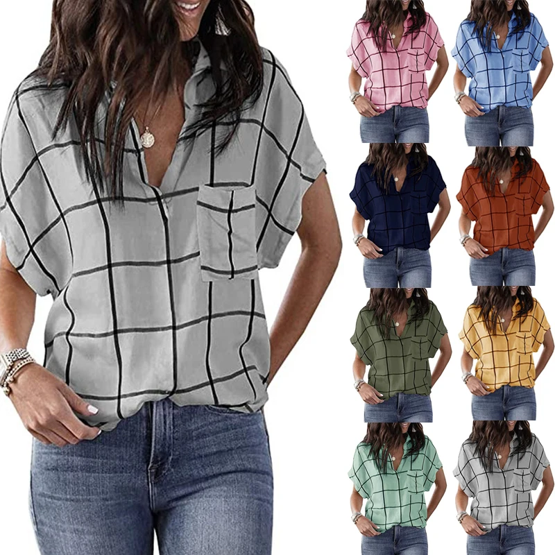 

Футболка женская с карманом и V-образным вырезом, повседневный Свободный пуловер с принтом в клетку, с коротким рукавом, весна-лето размера п...