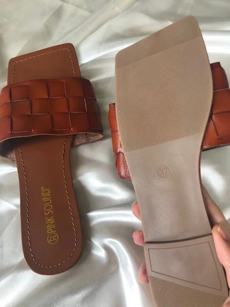 

Trend Sexy Women Slippers Weave Pu Leather Flat Heel Rubber Sole Solid Plaid Summer Outdoor Slides Beach Sandals Ladies Shoes