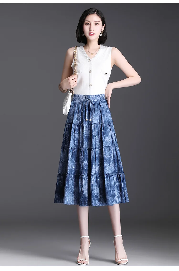 

Summer New Cotton Linen Tie Dye Skirt 2021 Women Elastic High Waist Loose Casual Big Swing Mid-long Vintage A-line Skirts 3093