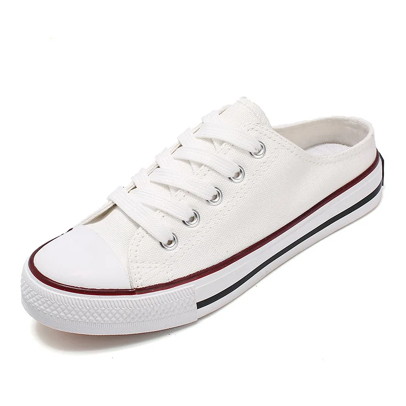 

2022 New Women vulcanized sneakers breathable flat casual white shoes woman spring summer canvas half slippers shoes black red