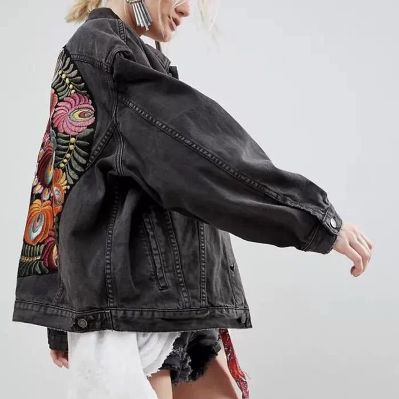 

Floral Embroidered Denim Woman Jacket 2021 Spring Long Sleeve Casual Chic Jackets Coats Girls Winter Coat Oversized