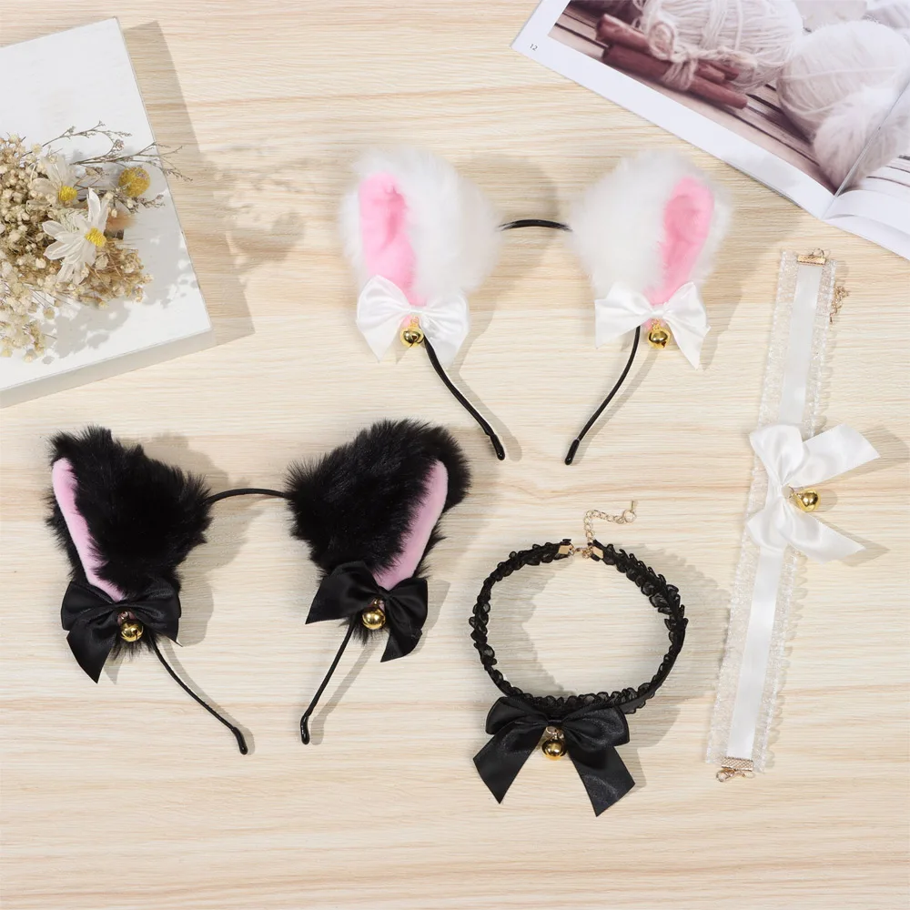 

6 Pcs Cat Ear Headband With Bells Necklace Hair Clips Cosplay Girl Plush Furry Cat Ears Headwear Fancy Dress Headband For Party