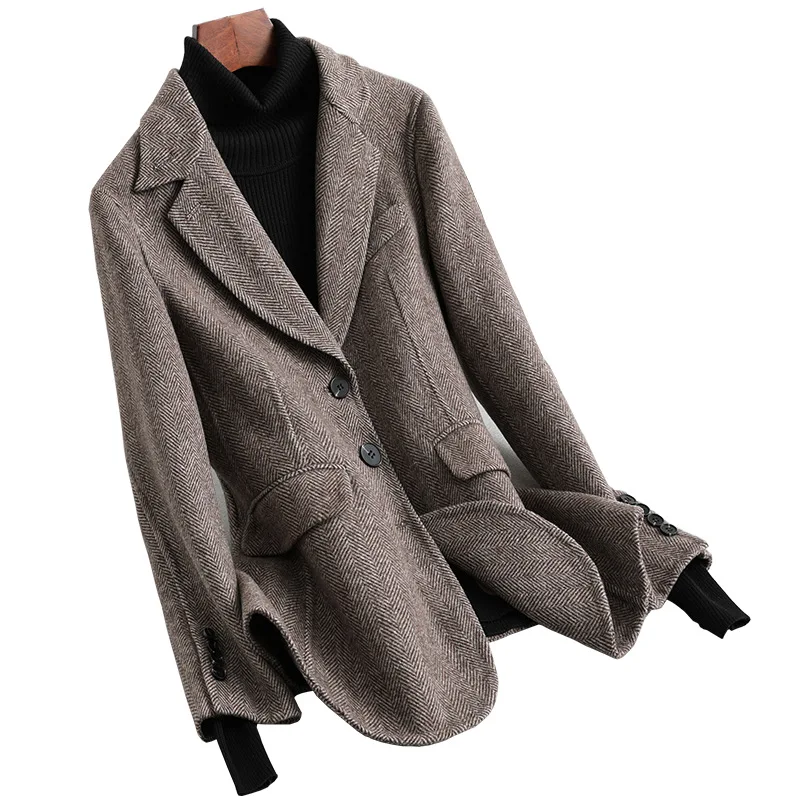 Женский 2019 FW двусторонний шерстяной Блейзер кофе елочка полосатый пиджак |