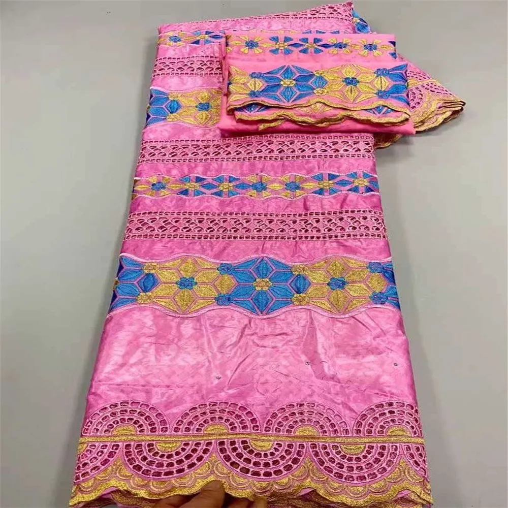 

African Bazin Riche Fabric With Brode Latest Fashion Embroidery Red lace Fabric With Scarf for wedding dress 5+2yards KC13-4