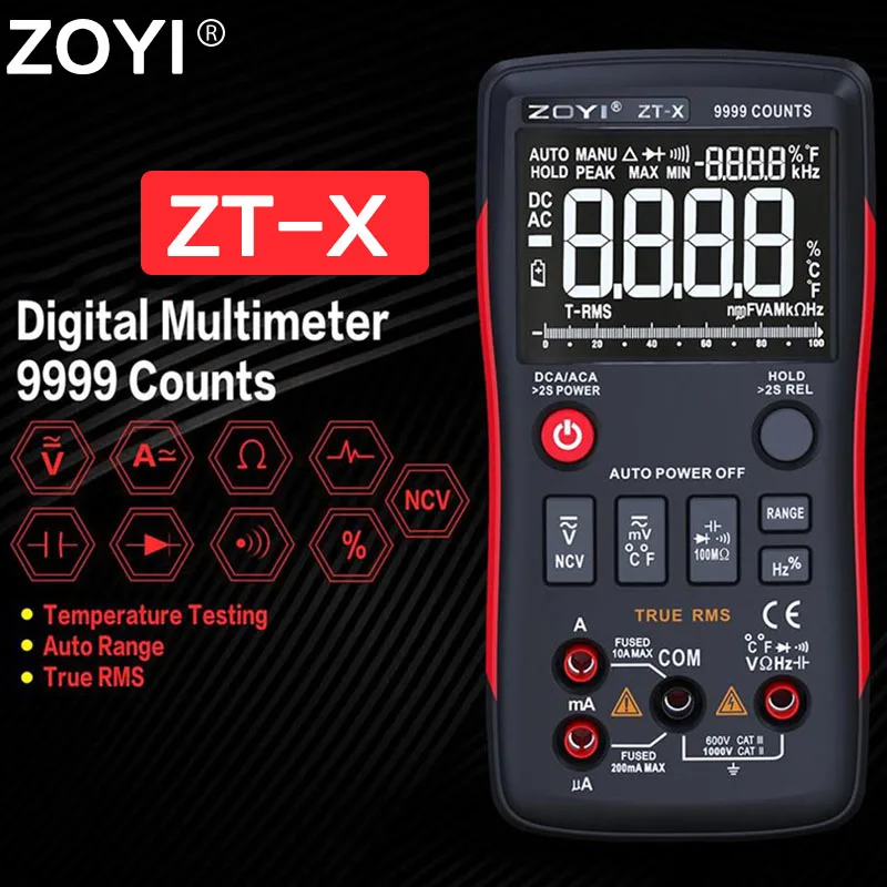Фото Цифровой мультиметр ZOYI ZT-X с инструментом для тестирования HOLD NCV, профессиональный тестер, ЖК-дисплей с подсветкой, измеритель температуры переменного и постоянного тока №1
