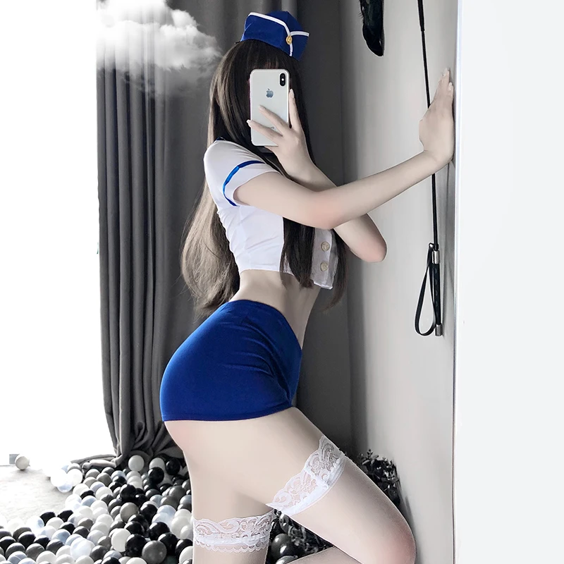 

Sexy Flight Attendants Cosplay Hip Wrap Sailor Miniskirt Perspective Temptation Suit Blue Air-Line Maid Office Lady Costume