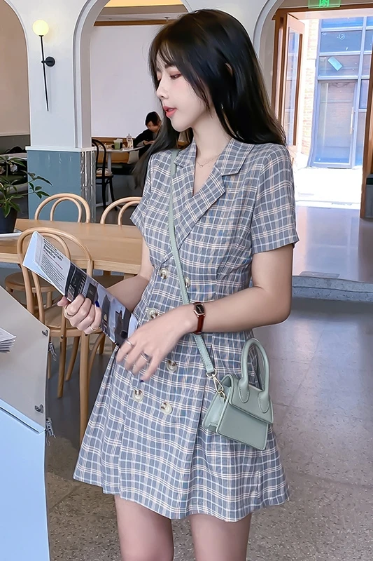 

Uulutonica Spring Summer Women Plaid Office Lady Button Empire Notched Double Breasted A-Line Mini Dress