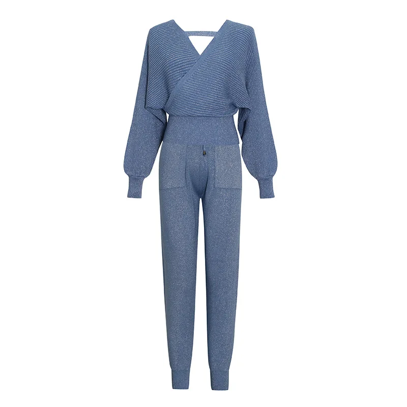 

Fashion v-neck back slim sweater high waist leggings knitted Outfits women