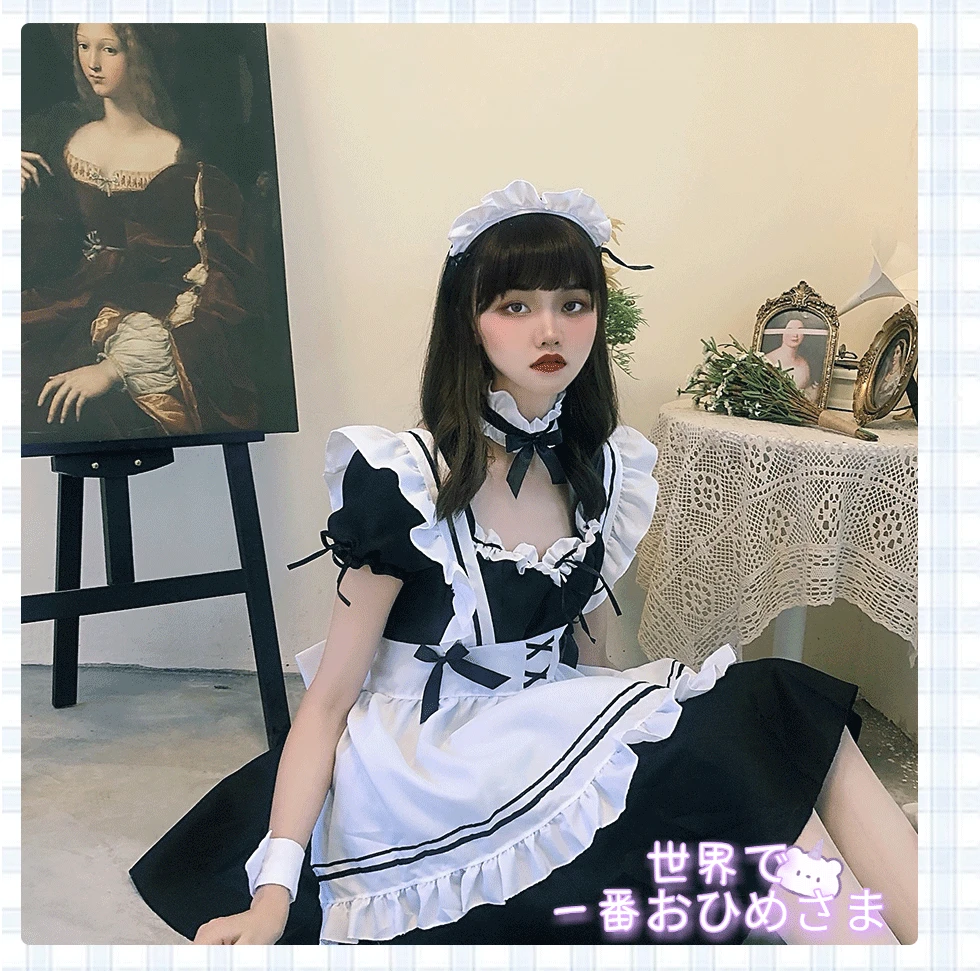 Черное милое платье горничной для девочек Женский костюм Амин любви Nikki косплея