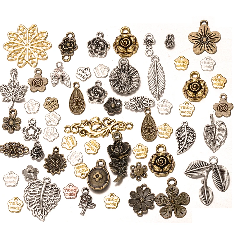 

50g Mixed Flower Leaf Plant Charm Pendants Antique Bronze Charms for Bracelet Necklace Jewelry Making Accessories DIY Supplies