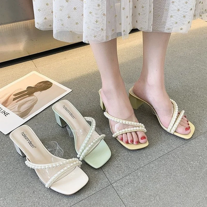 

Clear Summer Sandals Women Shoes Women Mules Slides Peep Toe Transparent Square High Heels Female Shoe Casual Square Heel