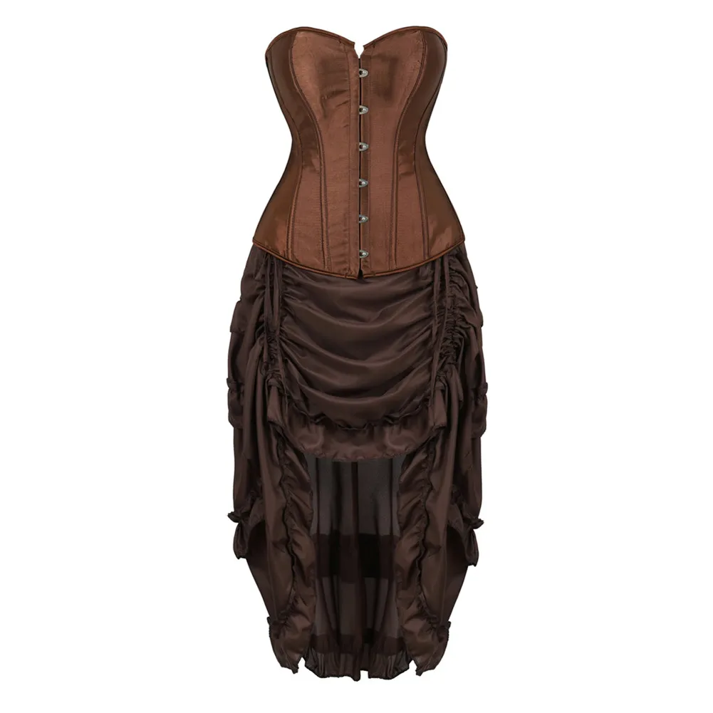 

Corset Dress Women Sexy Gothic Satin Corsets and Bustiers With Burlesque Skirt Set Halloween Pirate Cosplay Costume Brown S-6XL