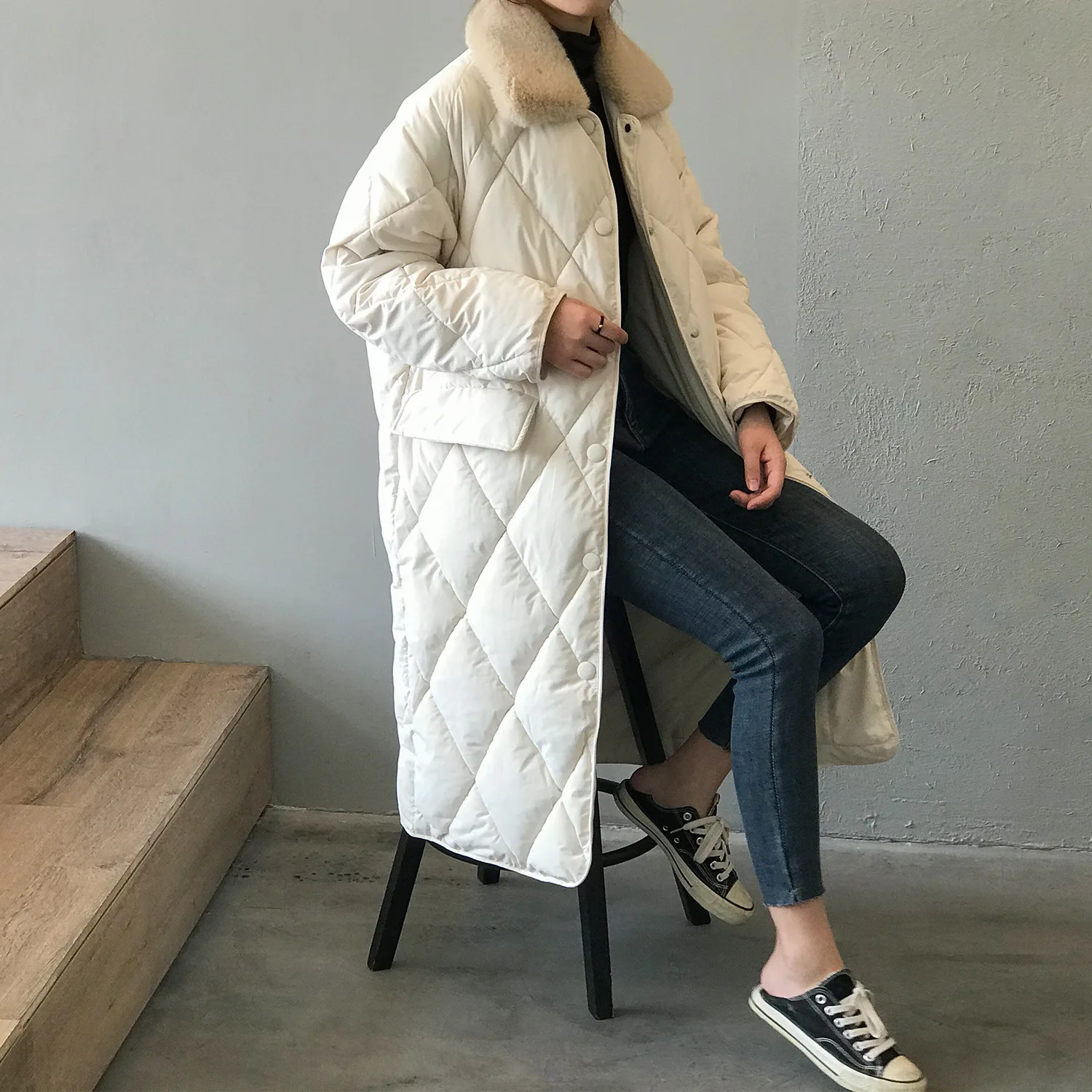 

2020 Furry Turn Collar Sleeve Winter Cotton Down Long Tops Single Button Women Coat Casaco Feminino