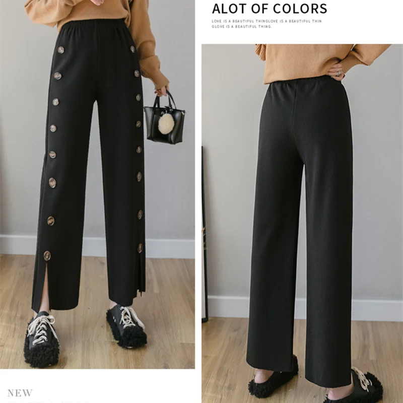 Женские вязаные широкие брюки REALEFT повседневные свободные с пуговицами в стиле