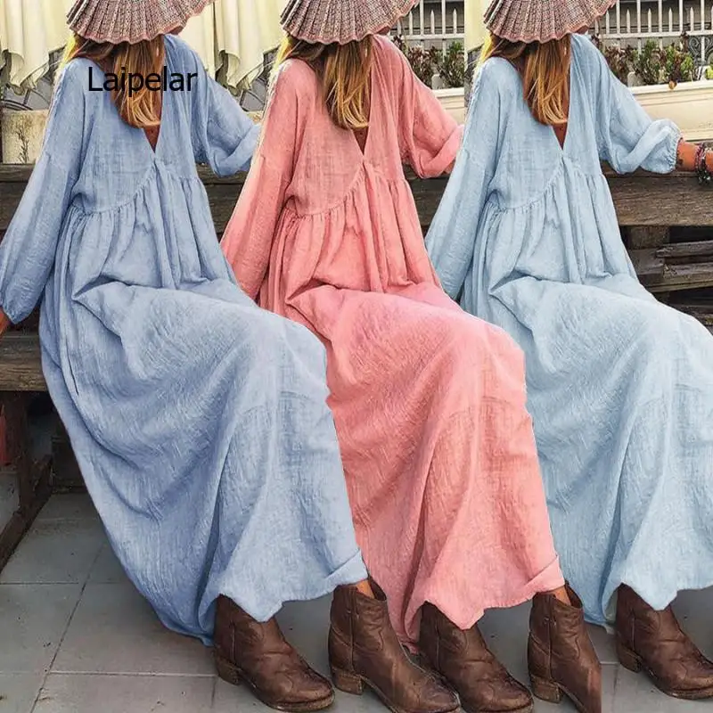 

Женское длинное платье макси, Осеннее однотонное платье из хлопка и льна с пышными рукавами и V-образным вырезом