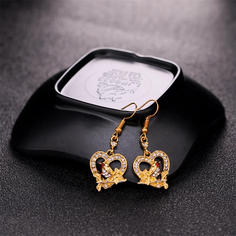 

Creative bird sparrow love heart-shaped inlaid zircon two-color earrings girl party prom jewelry necklace holiday gift wholesale