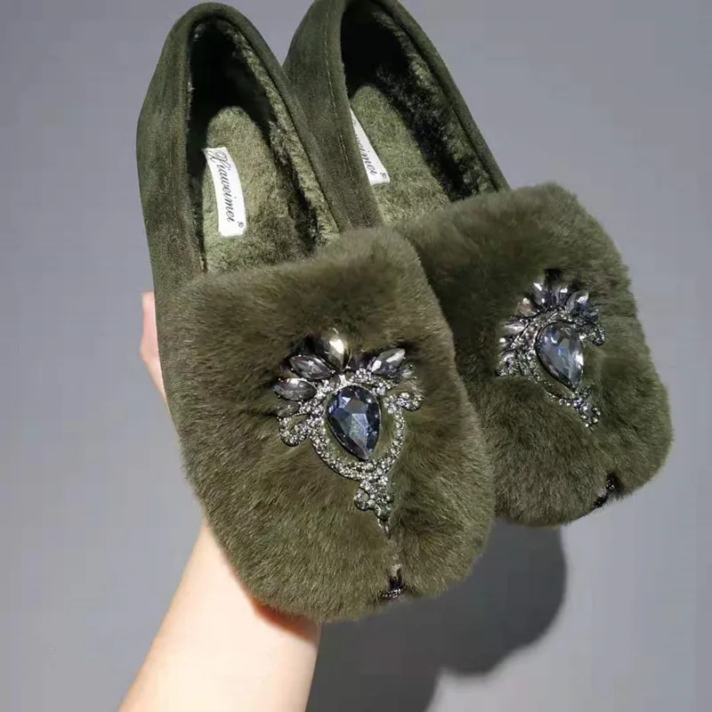 Brand Rhinestone shoes espadrilles comfy real fur flat moccasins women design winter slip on loafers plus size 42 plush creepers | Обувь