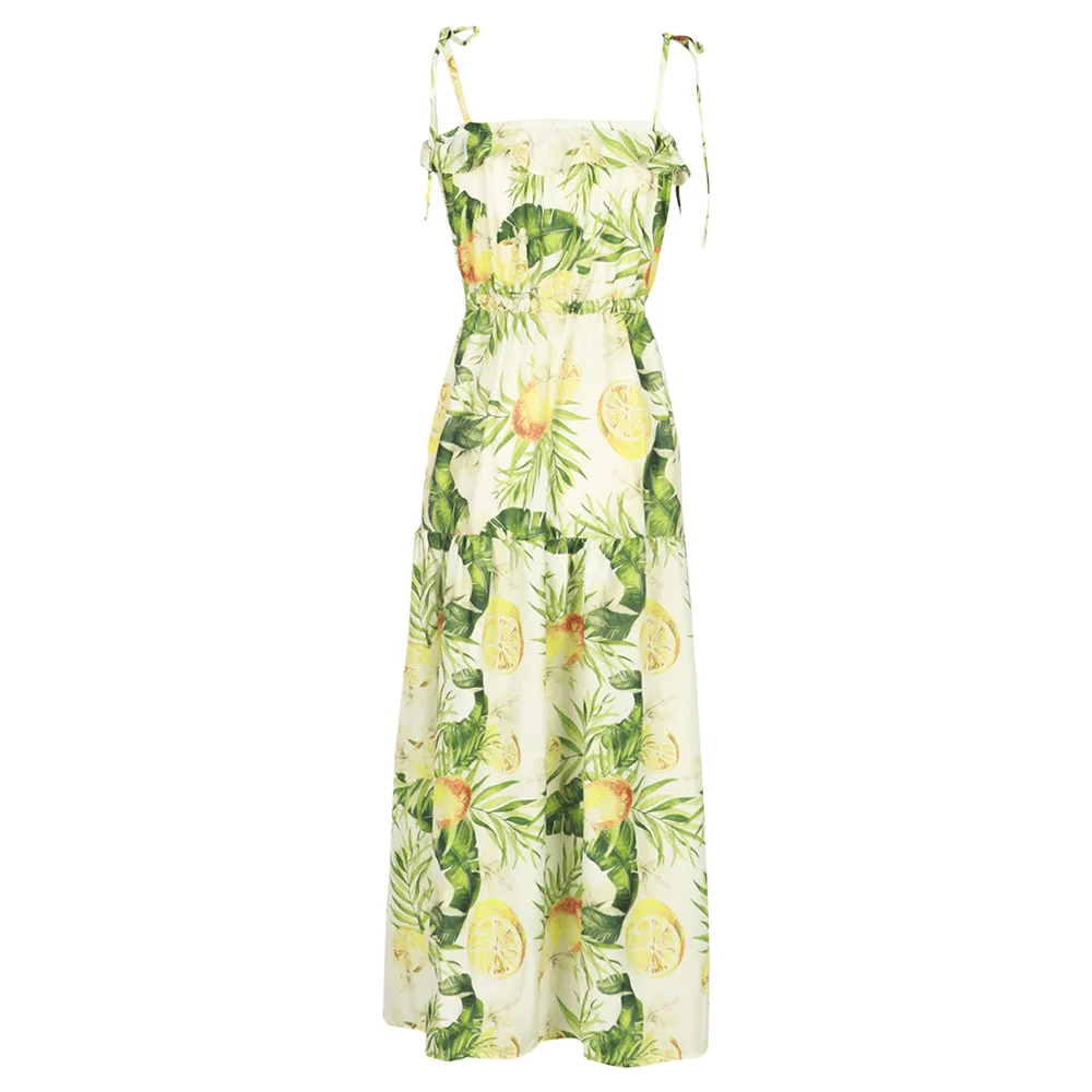 

Anself Summer Sexy Women Fruit Print Dresses Spaghetti Strap Sleeveless High Waist Sashes Holidays Vestido Beach Party Dress