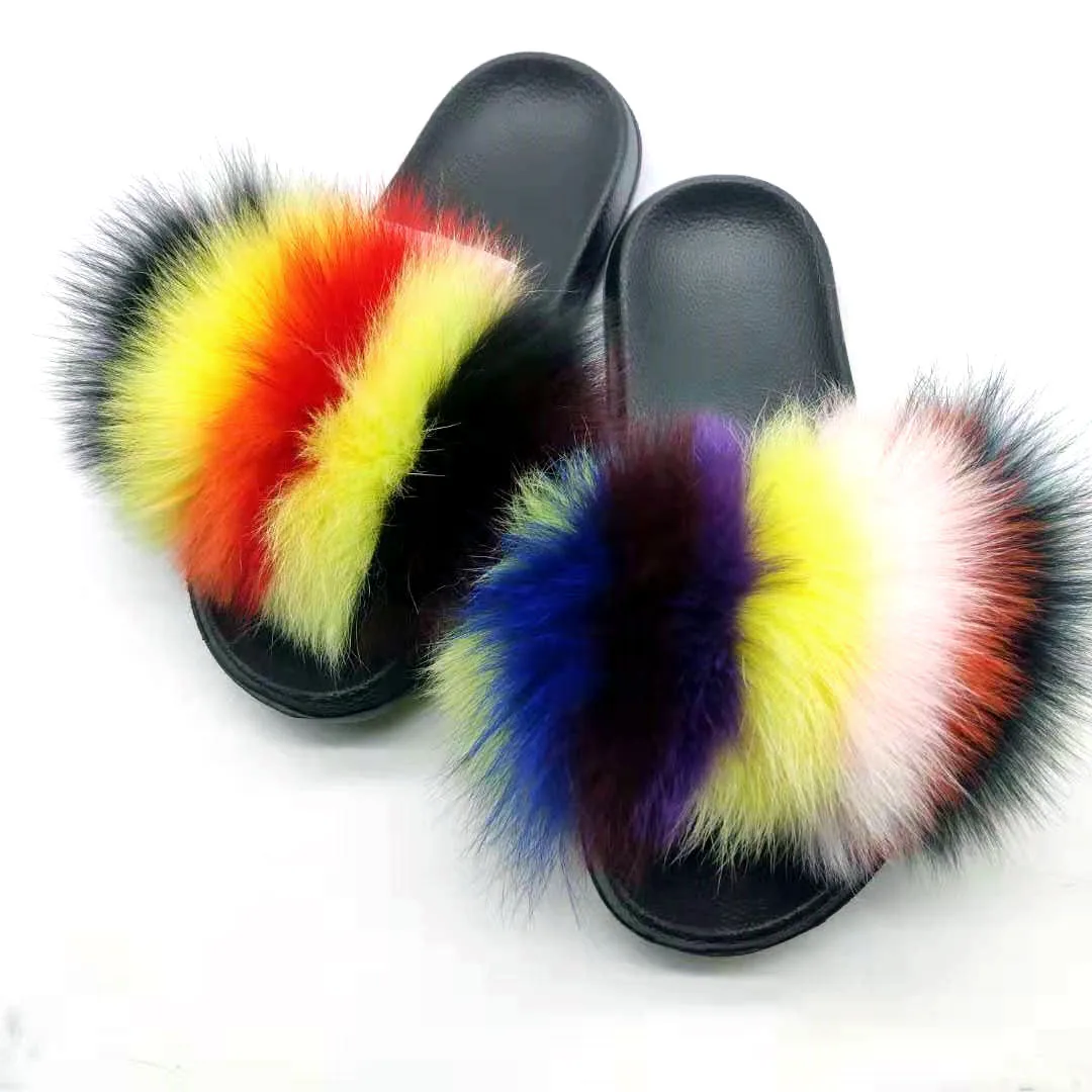 Новые женские тапочки с натуральным лисьим мехом; домашняя меховая обувь; пушистые плюшевые сандалии; мягкие и удобные пикантные вьетнамки из ЭВА; размеры 36-45