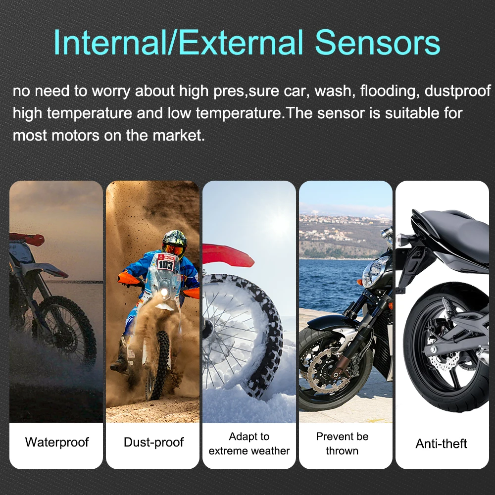 

Tyre Temperature Alarm 2 External Internal TH/WI Sensors Motor Tire Pressure Monitoring System LCD Display Motorcycle TPMS