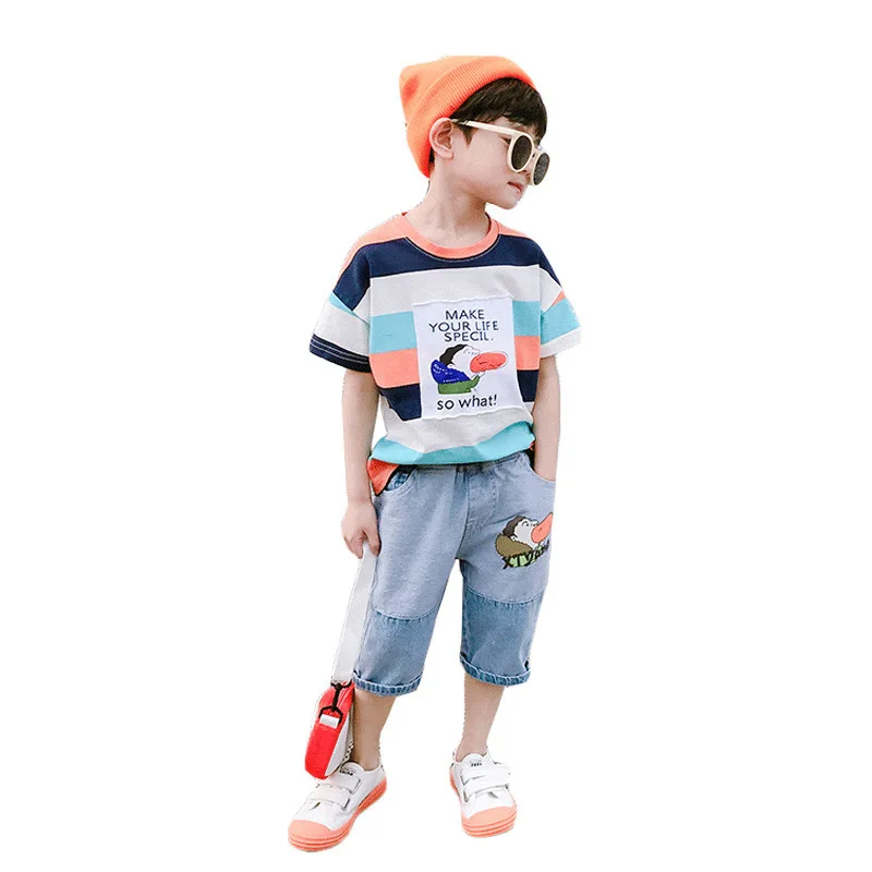 

2021 Children's Clothing Boys' Summer Suit New Season Cartoon Striped Short-Sleeved T-shirt Two-Piece Suit Fashionable Casual